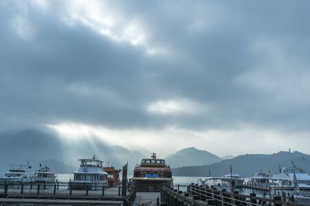 SUN MOON LAKE, TAIWAN - December 18, Pier at Sun Moon Lake on December 18, 2016. Sun Moon Lake is a tourist famous attraction in Taiwan.のeditorial素材