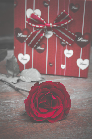 red rose flower with gift box for Valentine's Day, vintage filter imageの写真素材