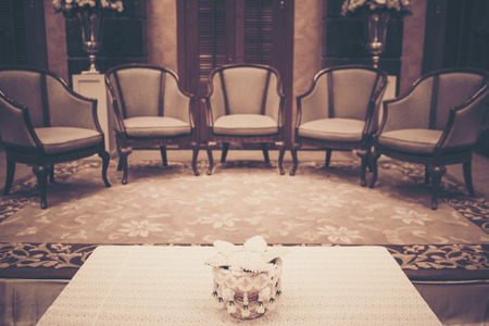 Wooden table for wedding ceremony, vintage filter imageの写真素材