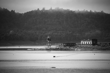 black and white of ole temple in the lake, Sangklaburi Kanchanaburi, Thailandの写真素材