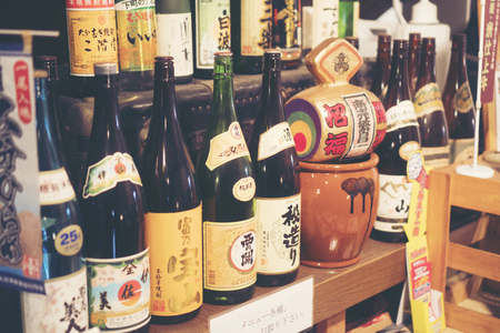 Sake displayed in a Japanese restaurant in TOKYO. Pic was taken in October 2017.のeditorial素材