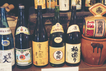 Sake displayed in a Japanese restaurant in TOKYO. Pic was taken in October 2017.のeditorial素材