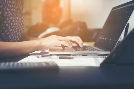 close-up hand of business worker, business desktop tableの写真素材