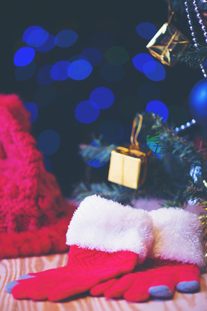 Red hat and socks for Christmas giftの写真素材
