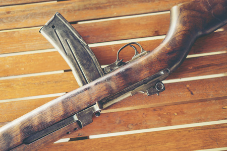 The ancient machine gun of the Second World War. the bullet of the gun looks at point blank range. Pointed soft short selective focus nozzle of the machine gunの写真素材