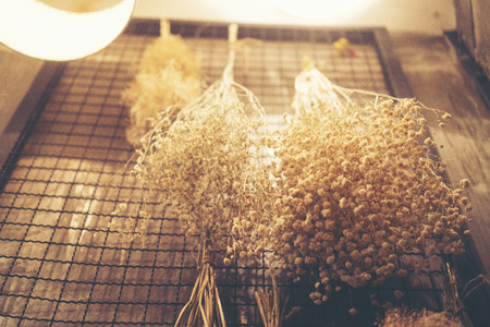 Bouquet of dry Lavender on a vintage cafe backgroundの写真素材