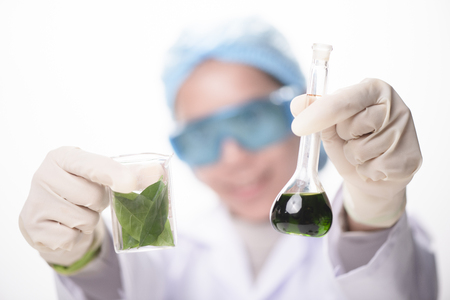 Scientist hand holding green leaf in glass cuvette on laboratory. biotechnology concept.の写真素材