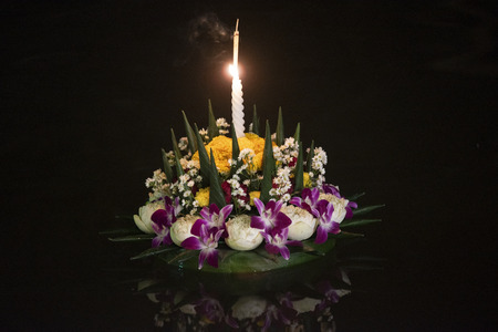 Loy Krathong festival, People buy flowers and candle to light and float on water to celebrate the Loy Krathong festival in Thailand.の写真素材