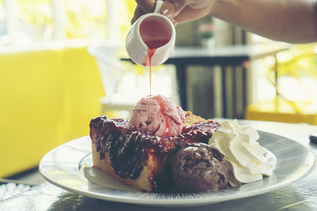 Ice cream, bread and strawberry jam