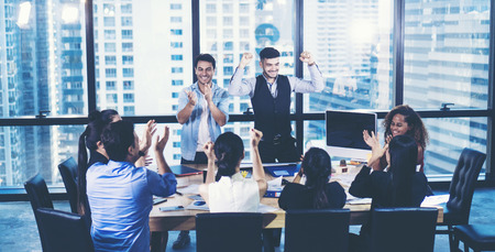 business team meeting, smiling with team, success concept