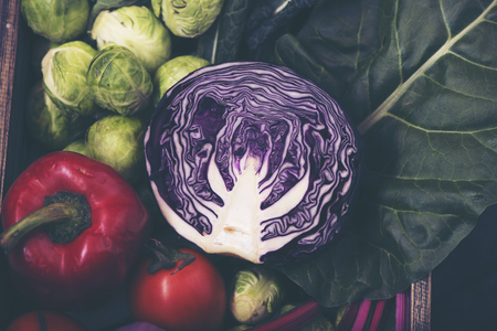Various colorful vegetables in a basketの写真素材