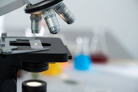 close-up of Microscope lens, science tools microscope in laboratory