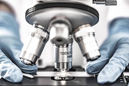 close-up of Microscope lens, science tools microscope in laboratory
