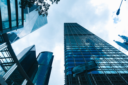 skyscraper building in Hong Kong, city view in blue filter