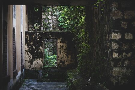abstract texture background of old brick wall in old townの写真素材
