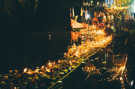 Bangkok, Thailand - November 11, 2019 : The celebration of Loy Krathong festival in Thai temple, Thailandのeditorial素材