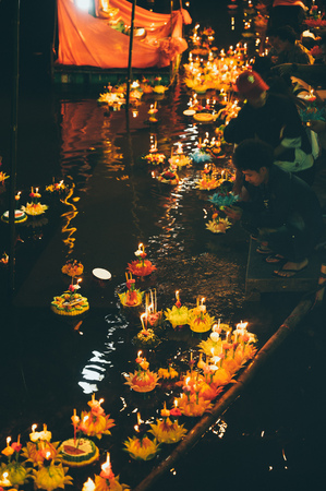 Bangkok, Thailand - November 11, 2019 : The celebration of Loy Krathong festival in Thai temple, Thailandのeditorial素材
