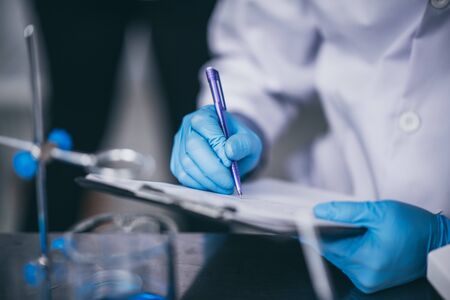 The researchers analyzed the results of the data in the scientific laboratory.の写真素材