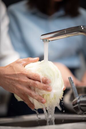 Picture of washing vegetables with water in the kitchenの写真素材