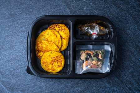 delivery lunchboxes food, flat lay. Healthy food deliveryの写真素材