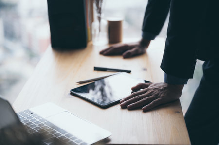 businessman person working from home with computer laptop on online cyberspace technologyの写真素材