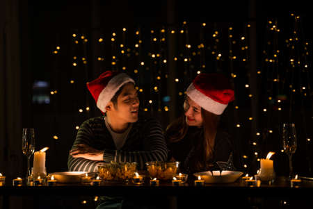 young couple celebrate at night party, romance date and love concept for Valentine's Day