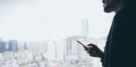 businessman person working from home with computer laptop on online cyberspace technologyの写真素材