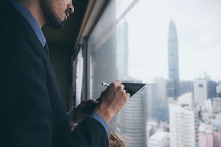 businessman person working from home with computer laptop on online cyberspace technologyの写真素材