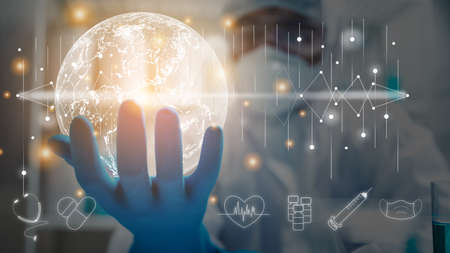 medical people in PPE suit, idea concept for vaccine protection of coronavirus covid-19 cure flu, medicine  health care icon idea, worldwide working for stop virus, world map graphicの写真素材