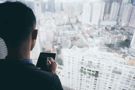 businessman person working from home with computer laptop on online cyberspace technologyの写真素材