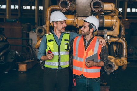 professional industrial engineers in hard hats. working at heavy industry manufacturing factory, man worker in an construction industrial job, maintenance service check for safety first conceptの写真素材