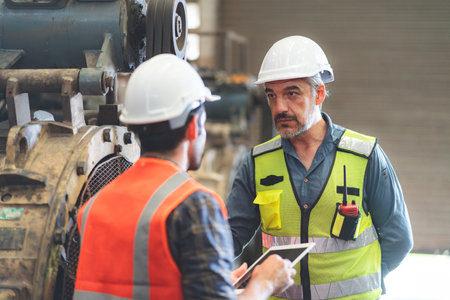 professional industrial engineers in hard hats. working at heavy industry manufacturing factory, man worker in an construction industrial job, maintenance service check for safety first conceptの写真素材
