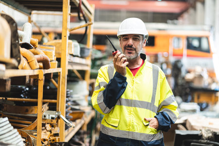 professional industrial engineers in hard hats. working at heavy industry manufacturing factory, man...
