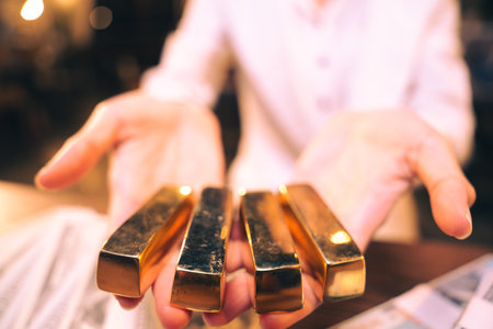 shiny gold bar arrangement in a row. Business Gold future and financial concept. concept of world economics and currency exchange. Money trade and safe haven marketplaceの写真素材