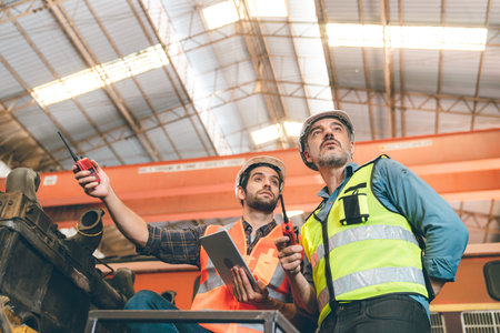 professional technician engineer with safety helmet hard hat working in industrial manufacturing...
