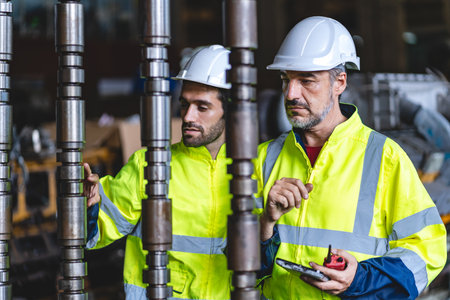 professional technician engineer with safety helmet hard hat working in industrial manufacturing factory, men at work to checking equipment of machinery production technology or construction operatingの写真素材