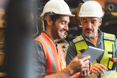 professional technician engineer with safety helmet hard hat working in industrial manufacturing...