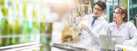 Complex chemical production equipment and a Chemist with a test tube in his hands. Production of...