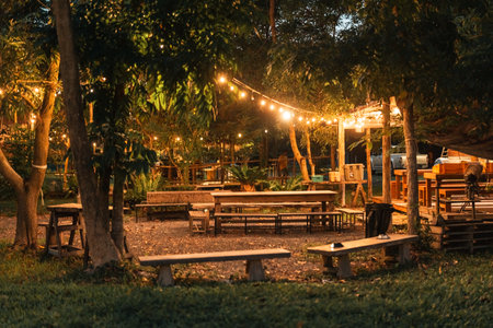 cozy outdoor dining area set up for a rustic BBQ party offering relaxed camp style atmosphere where friends, families gather to enjoy grilled food and create unforgettable memories under the lightsの写真素材