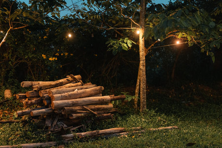 Cozy outdoor campfire surrounded by rustic wooden benches and glowing string lights, creating a...