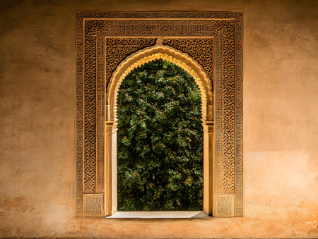 Photo Ornate Arch Window Architectural Detail Green Treeの素材