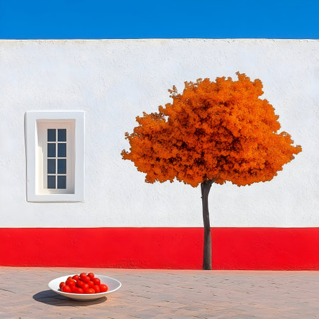 Illustration of Autumn Tree, White Wall, Red Tomatoes, and Blue Skyの素材