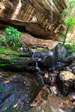 A beautiful forest waterfall and rocks between to the big cave.の写真素材