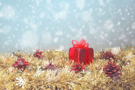 Christmas gift decorations and snowflake on abstract background.の写真素材