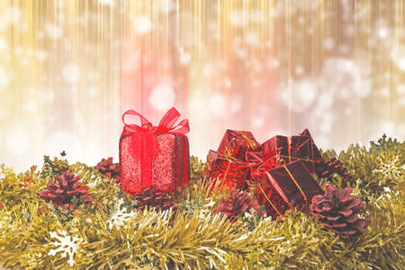 Christmas gift decorations and snowflake on abstract background.の写真素材