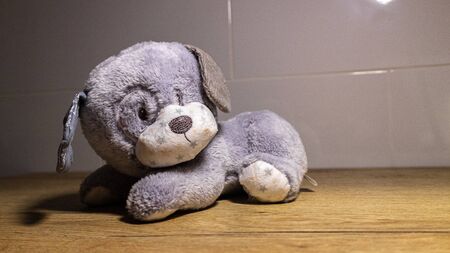 Small gray plush puppy on brown wooden tableの写真素材
