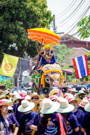 SUKHOTHAI, THAILAND - April 7   Unidentified people in tradition of the Sri Satchanalai district for ordaining a whole group of new monks with elephants on April 7, 2014 in Sukhothai, Thailand のeditorial素材