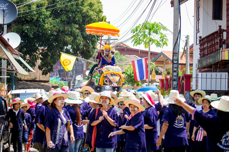 SUKHOTHAI, THAILAND - April 7   Unidentified people in tradition of the Sri Satchanalai district for ordaining a whole group of new monks with elephants on April 7, 2014 in Sukhothai, Thailand のeditorial素材