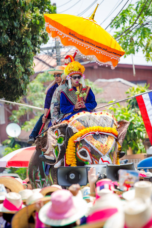 SUKHOTHAI, THAILAND - April 7   Unidentified people in tradition of the Sri Satchanalai district for ordaining a whole group of new monks with elephants on April 7, 2014 in Sukhothai, Thailand のeditorial素材