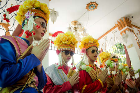 SUKHOTHAI, THAILAND - April 7   Unidentified people in tradition of the Sri Satchanalai district for ordaining a whole group of new monks with elephants on April 7, 2014 in Sukhothai, Thailand のeditorial素材